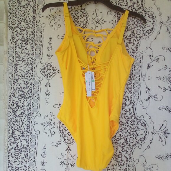 😎BLEU | ROD BEATTE Yellow Laced Front & Back Sexy 1 PC Swimsuit Size: 8 NWT - Picture 2 of 7